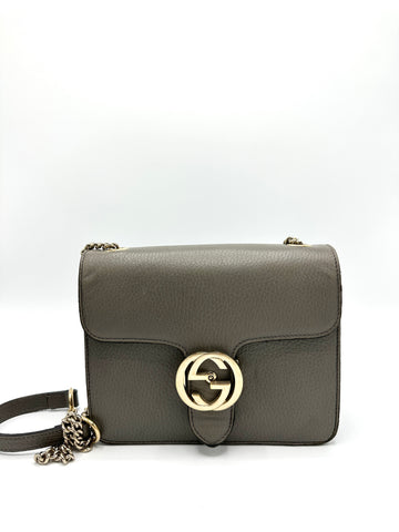 Interlocking GG Grey Pebbled Leather Chain Flap